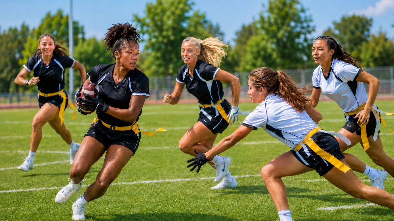 Players sprinting downfield in a flag football game, defenders reaching for the ball-carrier's flag.